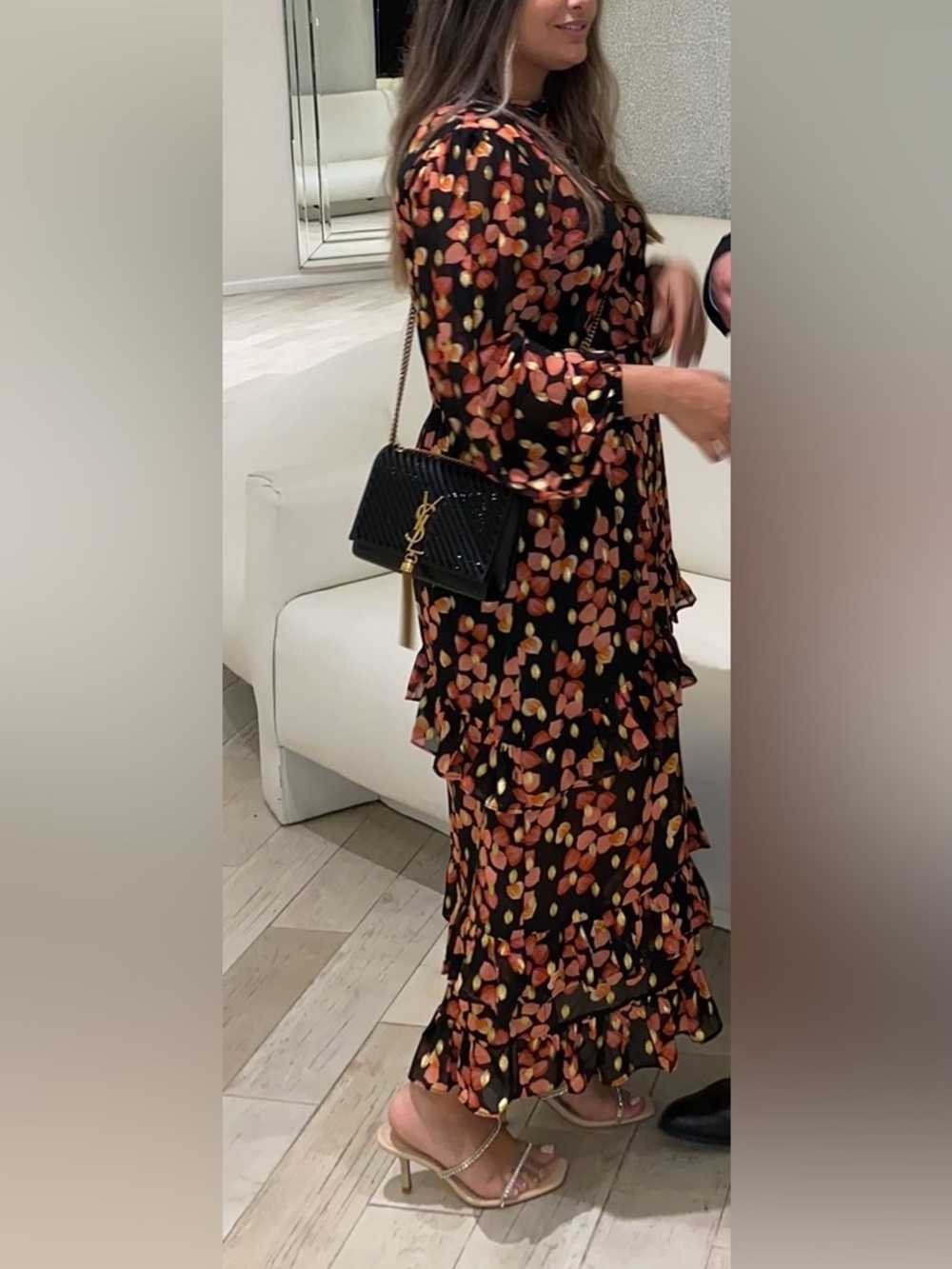 Black Floral Ruffle Midi Dress - Elegant Autumn Print